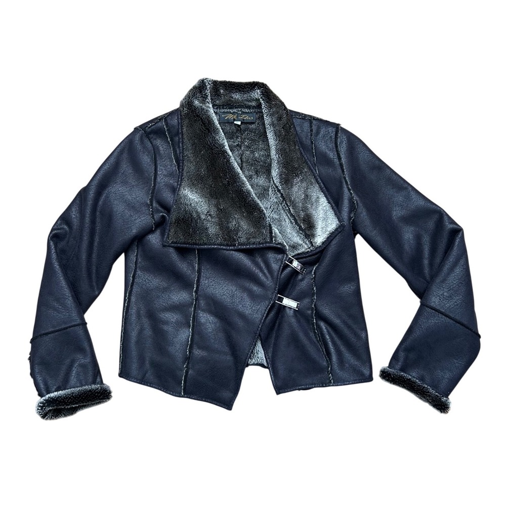 VTG Faux fur lined black moto‎ jacket  6 grunge biker motorcycle